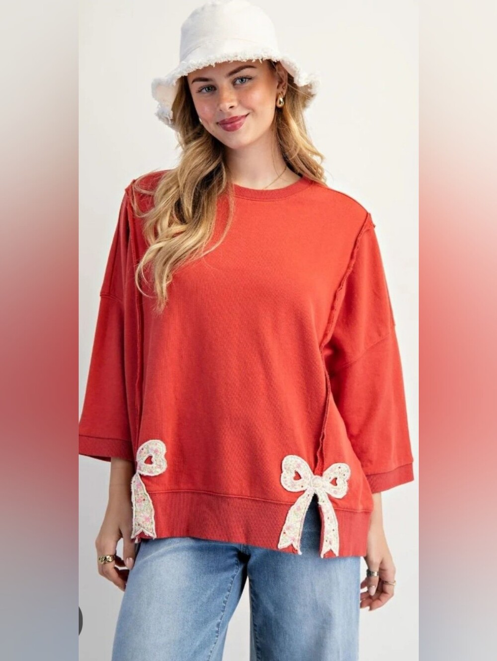 Easel Solid Color Terry Knit Top with Applique Bows Size Large
